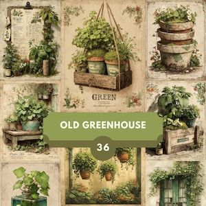 Old Greenhouse Junk Journal Pages, digital paper, scrapbook paper, junk journal,botanical, rustic pages, greenery, plants, nature, printable