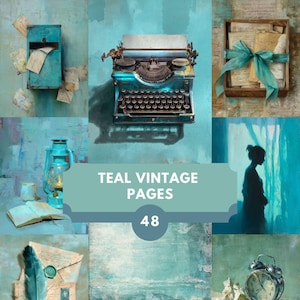 Páginas de diário vintage azul-petróleo, conjunto de papel de carta antigo para impressão, kit de itens efêmeros inspirados no oceano, papelaria digital para diário
