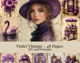 Violet Vintage Junk Journal Kit, Purple Watercolor Ephemera, Lavender Shabby Chic Pages