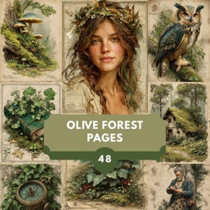 Set di effimeri Olive Forest - 48 pagine stampabili vintage di oggetti botanici per diari di scarto, scrapbooking e collage naturalistici