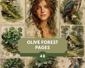 Olive Forest Ephemera Set, vintage, printable, digital paper, botanical, junk journal, scrapbooking, nature, collage, scrapbook pages
