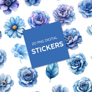 Blauwe aquarelbloemstickers – 20 png-afbeeldingen met bloemen – digitale download voor scrapbooking en planners