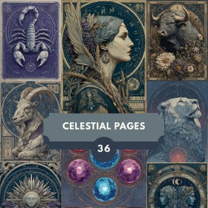 Celestial Zodiac Junk Journal Pages – 36 Printable Astrological Ephemera, Mystic Horoscope Digital Papers for Scrapbooking & Journaling