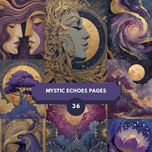 Könnte beinhalten: Eine Sammlung von neun digitalen Kunstdrucken mit mystischem Thema. Die Kunstwerke zeigen Himmelsbilder, darunter Gesichter, Monde und wirbelnde Galaxien, in den Farbtönen Lila, Gold und Blau. Der Text "MYSTIC ECHOES PAGES" und die Zahl "36" sind auf einem dunkelvioletten Banner zu sehen.