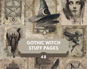 Gothic Witch Junk Journal Pages, printable, ephemera, scrapbooking, witchcraft, collage, grimoire, dark academia, digital paper