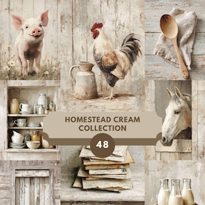 Könnte beinhalten: Eine Collage von Bildern mit rustikalem Bauernhaus-Thema. Sie enthält ein lächelndes Schwein, einen Hahn, einen Holzlöffel auf einem Tuch, ein Regal mit Geschirr, ein Pferd, einen Stapel Papier und Flaschen. Der Text "HOMESTEAD CREAM COLLECTION 48" wird angezeigt.