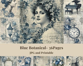 Blue Botanical Digital Paper Pack, Vintage Floral Junk Journal Kit, Printable Ephemera Collage Sheets, 36 JPG Pages, Instant Download