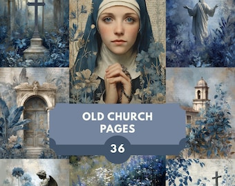 Old Church Junk Journal Pages, digitaal papier, religieuze rfemera, dagboekpagina's, afdrukbaar, efemere, plakboekpagina's, vintage, 300 dpi