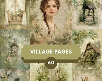 Printable Cottagecore Junk Journal Kit – 60 Vintage Floral Village Scrapbook Pages for Journaling & Collage Crafts