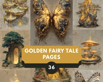 Printable Fantasy Junk Journal Kit – 36 Magical Ephemera Pages for Scrapbooking & Collage – Golden Fairy Tale Theme