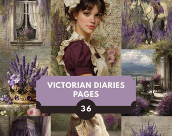 Printable Victorian Junk Journal Kit – 36 Lavender Vintage Ephemera Pages, Royal Cottagecore Scrapbook Paper – Victorian Diaries