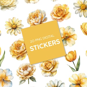 Aquarelstickers gele bloem – 20 png-afbeeldingen met bloemen – digitale stickers voor scrapbooking en planners