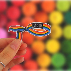May include: A sticker featuring a rainbow-colored ribbon with the text "LOVE IS LOVE" in black. The ribbon is tied in a knot, with the ends flowing out. The background is a blurred mix of colorful circles.