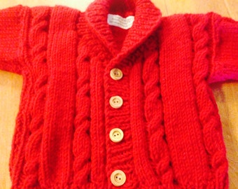 Baby Sweater, Baby  Cable Sweater,  Sweater Wooden Buttons , Sweater Size 12 months, Shawl Collar Sweater, Red Cable Sweater, Beige Sweater