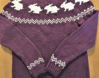 Child Bunny Sweater, Toddler Wool Sweater, Bunny Sweater, Sweater Size 2, Baby Sweater, Sweater Size 4, Purple Sweater