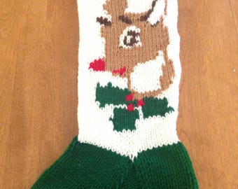 Reindeer Christmas Stocking, Personalized Christmas Stocking, Knit Christmas Stocking, Vintage Christmas Stocking