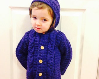 Child Hooded Cable Sweater, Wool Sweater Sizes 12  mth, Sweater Size 2, Child Knit Sweater, Sweater Wooden Buttons, Hooded Blue Jacket