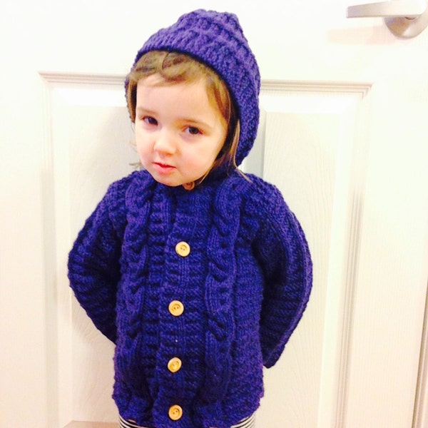 Child Hooded Cable Sweater, Wool Sweater Sizes 12  mth, Sweater Size 2, Child Knit Sweater, Sweater Wooden Buttons, Hooded Blue Jacket