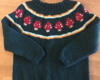 Blue Sweater, Child Sweater Size 2, Toddler Sweater Size 4, Girl Sweater Size 6, Mushroom Sweater, Sweater Size 8, Blue Sweater Size 10