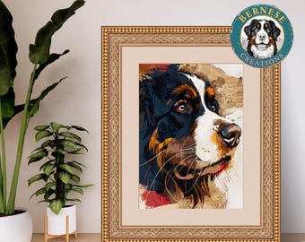 Póster de arte digital rústico moderno para pared imprimible con perro de montaña bernés / Descarga instantánea para amantes de los perros