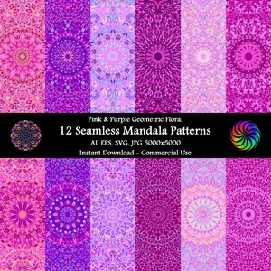 May include: Twelve seamless pink and purple mandala patterns in a geometric floral design. The patterns are 5000x5000 pixels and are available in AI, EPS, SVG, and JPG formats. Instant download and commercial use.
