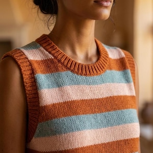 Peut inclure: Un pull sans manches rayé horizontalement en orange, bleu clair et rose. Le pull a un col et des emmanchures côtelés. Le style général est décontracté et confortable, adapté pour être porté seul ou en superposition.