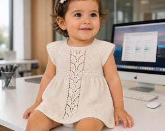 Strickmuster für ein Babykleid mit Blattprägung | Nahtloses Strickmuster von oben nach unten (PDF-Download)