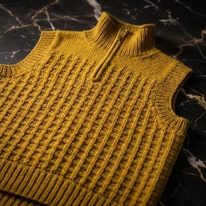 May include: Mustard yellow sleeveless sweater with a textured knit pattern. The sweater features a high collar with a partial zipper closure. The garment is made of a thick, warm material, perfect for layering during cooler months. The knit design adds a touch of sophistication.
