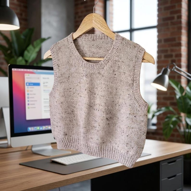 Op de afbeelding: Een lichtbruin gebreid vest met een gespikkeld patroon hangt aan een houten hanger. Het mouwloze kledingstuk heeft een geribbelde zoom en halslijn. De achtergrond omvat een bureau, computer en een bakstenen muur.