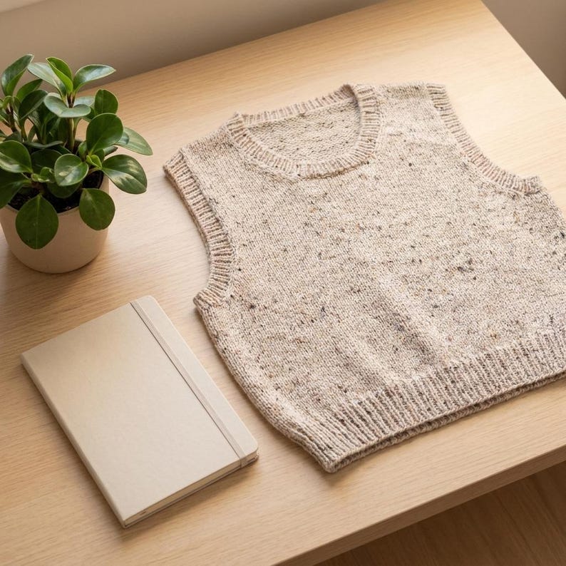 Op de afbeelding: Een beige gebreid vest met een gespikkeld patroon, op een licht houten oppervlak. Een kleine potplant en een beige notitieboek liggen ook op het oppervlak. Het vest heeft een geribbelde zoom en halslijn.