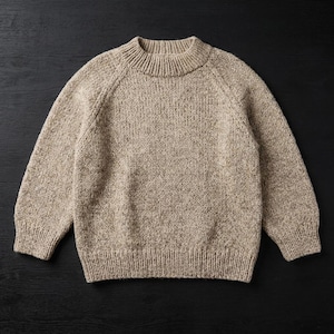 May include: A long-sleeved jumper crafted from a chunky, heathered beige knit yarn. The garment features a ribbed crew neckline, ribbed cuffs at the wrists, and a ribbed hemline. The knit texture is consistent throughout the entire piece.