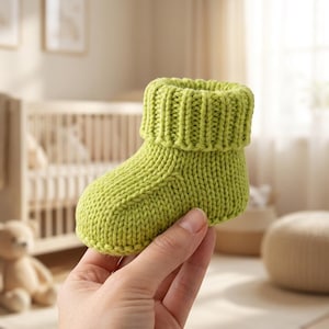 Peut inclure: Un chausson pour bébé tricoté en vert citron, doté d'un revers côtelé épais et d'un bout arrondi simple. Le chausson est réalisé avec un point de jersey visible, mettant en valeur une couleur vive et unie sur l'ensemble du tricot.