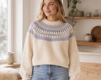 Strickmuster für einen nordischen Farbmusterpullover, Rundpasse von oben nach unten gestrickt, Größen A-K (PDF)