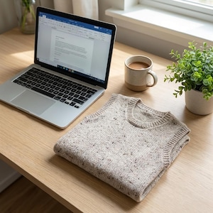 Op de afbeelding: Een gevouwen, gespikkelde gebreide vest in neutrale tinten ligt op een licht houten bureau naast een laptop en een mok koffie. Een kleine plant in een pot staat bij een raam. Het vest heeft een ronde hals en geribde boorden.