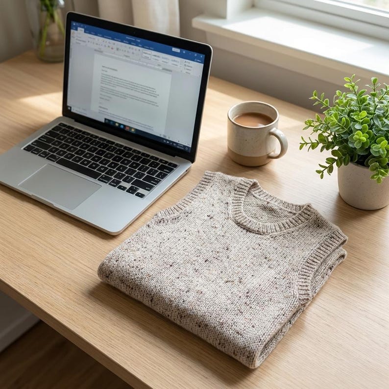 Op de afbeelding: Een gevouwen, gespikkelde gebreide vest in neutrale tinten ligt op een licht houten bureau naast een laptop en een mok koffie. Een kleine plant in een pot staat bij een raam. Het vest heeft een ronde hals en geribde boorden.