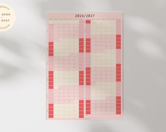 2026-27 Academic Calendar (AUG-JUL) Pink & Cherry, Year Wall Planner (A1/24x36") Digital Download