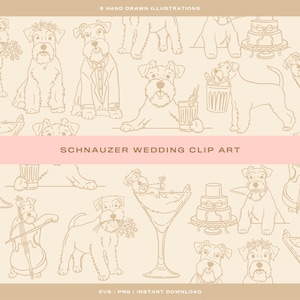 Op de afbeelding: Een naadloos patroon met handgetekende illustraties van Schnauzer honden in verschillende bruiloft-thema poses. Het ontwerp bevat honden met drankjes, bloemen en gekleed in formele kleding. De tekst "Schnauzer Wedding Clip Art" wordt weergegeven.