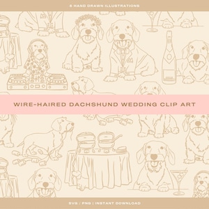 May include: A beige digital illustration featuring wire-haired dachshunds in various wedding-themed poses. Some dogs wear tuxedos, floral crowns, or DJ attire. The text "WIRE-HAIRED DACHSHUND WEDDING CLIP ART" is displayed on a pink banner.