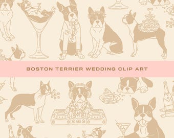 9 x Boston Terrier Wedding Clip Art (SVG/PNG): Humorous, Whimsical, Hand-drawn Dog Illustration