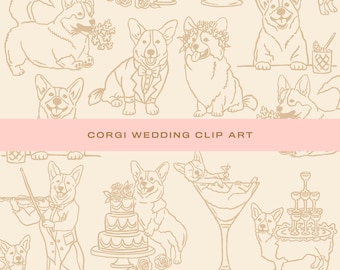 8 x Corgi Wedding Clip Art: Hand-Drawn Party Dog Illustrations (SVG/PNG)