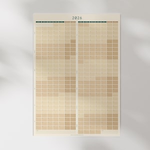 May include: A 2026 full-year calendar with a grid design. The calendar uses a neutral colour scheme with beige and brown tones. The year 2026 is printed at the top. A circular label on the right says "Full Year 2026 Calendar."
