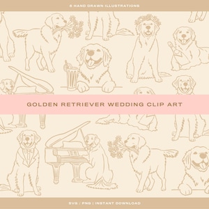 6 x Golden Retriever Wedding Clip Art / SVG + PNG / Cocktail di nozze con firma per cani disegnati a mano, inviti a tema animali domestici e bomboniere stravaganti