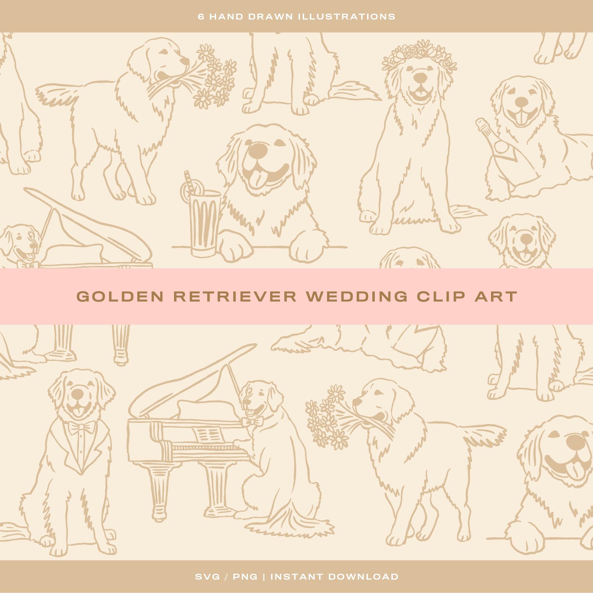 6 x Golden Retriever Wedding Clip art: Humorous, Hand-Drawn Dog Illustrations (SVG/PNG)
