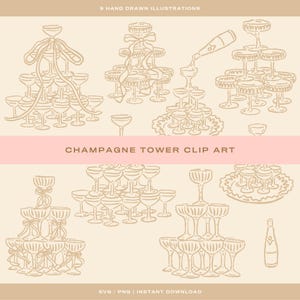 9 x Clip Art Torre Champagne / SVG + PNG / Torre Champagne disegnata a mano con grandi fiocchi / Per bomboniere, inviti e regali di nozze fantasiosi