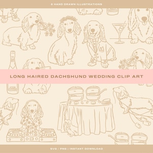May include: A digital illustration featuring multiple long-haired dachshunds in various wedding-themed poses. Some dogs wear tuxedos, flower crowns, or hold flowers. The image includes text that reads "LONG HAIRED DACHSHUND WEDDING CLIP ART".