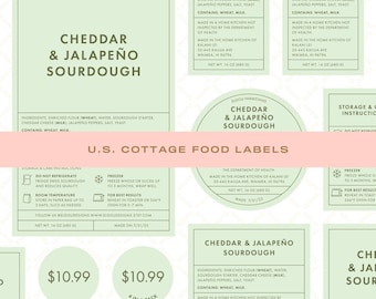 May include: A collection of editable food label templates for cottage food businesses. The labels feature text for Cheddar & Jalapeño Sourdough, including ingredients, net weight (16 oz), and storage instructions. The labels are designed for Canva.