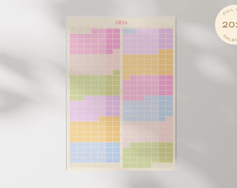 2026 Rainbow Calendar: Large, 1-Page, Minimalist, Year Wall Planner (A1/24x36") Digital Download