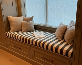 Black Stripe Linen Bench Cushion – Custom 2” Thick Window Seat Pad, Washable Indoor Kallax Cushion, Farmhouse Dining Nook Cover