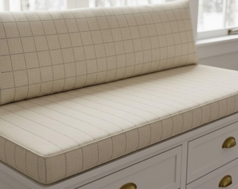2” Thick Striped Linen Bench Cushion – Custom Window Seat Pad, Washable Indoor Floor Cushion, Dining Nook Upholstery