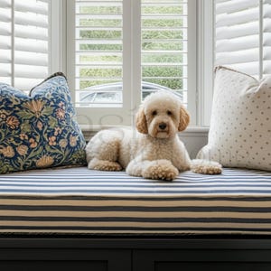 May include: A cream-colored Goldendoodle dog rests on a window seat with blue and white striped cushions. Decorative pillows with floral and polka dot patterns flank the dog. The window has white shutters, creating a cozy, inviting space.